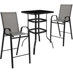 Flash Furniture TLH-073H092H-GR-GG 27 1/2" X 27 1/2" X 39 1/2" Outdoor Glass Bar Table Set With 2 Gray Chairs