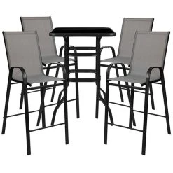 Flash Furniture TLH-073H092H4-GR-GG 27 1/2" X 27 1/2" X 39 1/2" Outdoor Glass Bar Table Set With 4 Gray Chairs