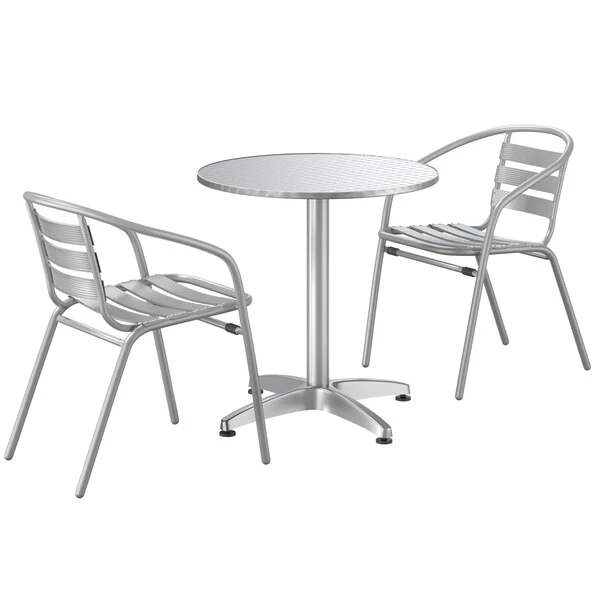Lancaster Table & Seating 27" Chrome Powder-Coated Round Steel And Aluminum Dining Set With 2 Aluminum Outdoor Arm Chairs 2 Lancaster Table & Seating 27" Chrome Powder-Coated Round Steel And Aluminum Dining Set With 2 Aluminum Outdoor Arm Chairs - Image 2