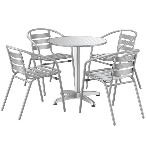 Lancaster Table & Seating 27" Chrome Powder-Coated Round Steel And Aluminum Dining Set With 4 Aluminum Outdoor Arm Chairs 2 Lancaster Table & Seating 27" Chrome Powder-Coated Round Steel And Aluminum Dining Set With 4 Aluminum Outdoor Arm Chairs - Image 2