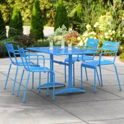 Lancaster Table & Seating 32" X 48" Blue Powder-Coated Aluminum Dining Height Outdoor Table With Umbrella Hole And 4 Arm Chairs