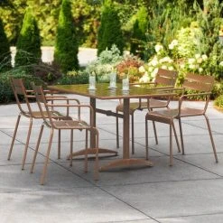 Lancaster Table & Seating 32" X 48" Brown Powder-Coated Aluminum Dining Height Outdoor Table With Umbrella Hole And 4 Arm Chairs