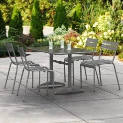 Lancaster Table & Seating 32" X 48" Matte Gray Powder-Coated Aluminum Dining Height Outdoor Table With Umbrella Hole And 4 Side Chairs