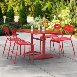 Lancaster Table & Seating 32" X 48" Red Powder-Coated Aluminum Dining Height Outdoor Table With Umbrella Hole And 4 Side Chairs