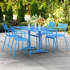 Lancaster Table & Seating 32" X 60" Blue Powder-Coated Aluminum Dining Height Outdoor Table With Umbrella Hole And 4 Arm Chairs