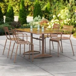 Lancaster Table & Seating 32" X 60" Brown Powder-Coated Aluminum Dining Height Outdoor Table With Umbrella Hole And 4 Arm Chairs