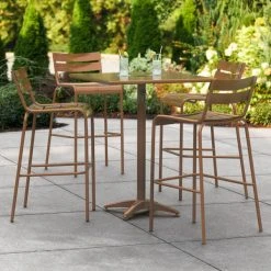 Lancaster Table & Seating 32" X 32" Brown Powder-Coated Aluminum Bar Height Outdoor Table With Umbrella Hole And 4 Barstools