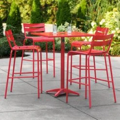 Lancaster Table & Seating 32" X 32" Red Powder-Coated Aluminum Bar Height Outdoor Table With Umbrella Hole And 4 Barstools