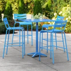 Lancaster Table & Seating 32" X 32" Blue Powder-Coated Aluminum Bar Height Outdoor Table With Umbrella Hole And 4 Barstools