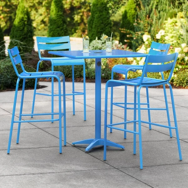 Lancaster Table & Seating 32" X 32" Blue Powder-Coated Aluminum Bar Height Outdoor Table With Umbrella Hole And 4 Barstools 1 Lancaster Table & Seating 32" X 32" Blue Powder-Coated Aluminum Bar Height Outdoor Table With Umbrella Hole And 4 Barstools