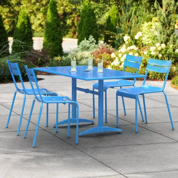 Lancaster Table & Seating 32" X 60" Blue Powder-Coated Aluminum Dining Height Outdoor Table With Umbrella Hole And 4 Side Chairs 1 Lancaster Table & Seating 32" X 60" Blue Powder-Coated Aluminum Dining Height Outdoor Table With Umbrella Hole And 4 Side Chairs