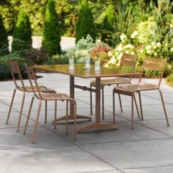 Lancaster Table & Seating 32" X 60" Brown Powder-Coated Aluminum Dining Height Outdoor Table With Umbrella Hole And 4 Side Chairs