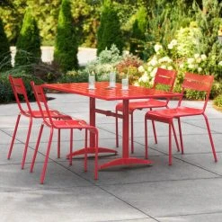 Lancaster Table & Seating 32" X 60" Red Powder-Coated Aluminum Dining Height Outdoor Table With Umbrella Hole And 4 Side Chairs