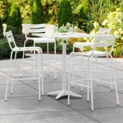 Lancaster Table & Seating 32" X 32" White Powder-Coated Aluminum Bar Height Outdoor Table With Umbrella Hole And 4 Barstools