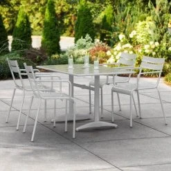 Lancaster Table & Seating 32" X 48" Silver Powder-Coated Aluminum Dining Height Outdoor Table With Umbrella Hole And 4 Arm Chairs