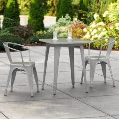 LT&S Alloy Series Lancaster Table & Seating Alloy Series 24" X 24" Silver Dining Height Outdoor Table With 2 Arm Chairs