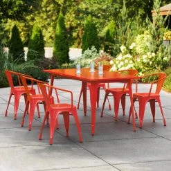 LT&S Alloy Series Lancaster Table & Seating Alloy Series 63" X 32" Red Dining Height Outdoor Table With 6 Arm Chairs
