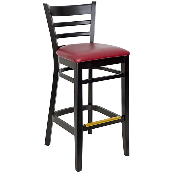 BFM Seating Berkeley Black Beechwood Ladder Back Barstool With 2" Burgundy Vinyl Seat 1 BFM Seating Berkeley Black Beechwood Ladder Back Barstool With 2" Burgundy Vinyl Seat