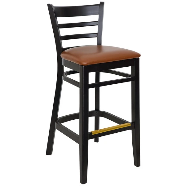 BFM Seating Berkeley Black Beechwood Ladder Back Barstool With 2" Light Brown Vinyl Seat 1 BFM Seating Berkeley Black Beechwood Ladder Back Barstool With 2" Light Brown Vinyl Seat