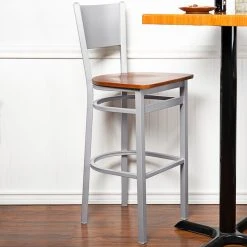 BFM Seating Axel Silver Mist Steel Bar Height Chair With Cherry Wood Seat