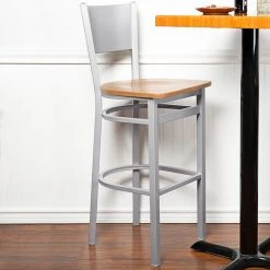 BFM Seating Axel Silver Mist Steel Bar Height Chair With Natural Wood Seat