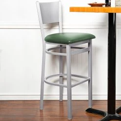 BFM Seating Axel Silver Mist Steel Bar Height Chair With Green Padded Vinyl Seat