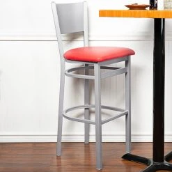 BFM Seating Axel Silver Mist Steel Bar Height Chair With Red Padded Vinyl Seat