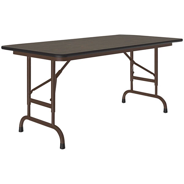 Correll 24" X 48" Walnut 22" - 32" Adjustable Height Thermal-Fused Laminate Top Folding Table With Brown Frame 1 Correll 24" X 48" Walnut 22" - 32" Adjustable Height Thermal-Fused Laminate Top Folding Table With Brown Frame