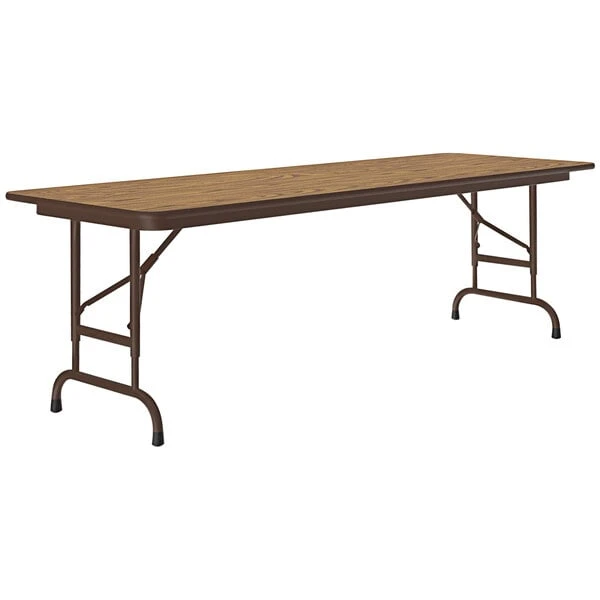Correll 24" X 60" Medium Oak 22" - 32" Adjustable Height Thermal-Fused Laminate Top Folding Table With Brown Frame 1 Correll 24" X 60" Medium Oak 22" - 32" Adjustable Height Thermal-Fused Laminate Top Folding Table With Brown Frame