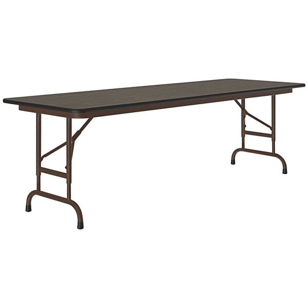 Correll 24" X 60" Walnut 22" - 32" Adjustable Height Thermal-Fused Laminate Top Folding Table With Brown Frame 1 Correll 24" X 60" Walnut 22" - 32" Adjustable Height Thermal-Fused Laminate Top Folding Table With Brown Frame
