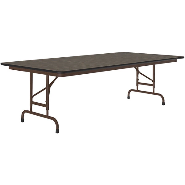 Correll 36" X 72" Walnut 22" - 32" Adjustable Height Thermal-Fused Laminate Top Folding Table With Brown Frame 1 Correll 36" X 72" Walnut 22" - 32" Adjustable Height Thermal-Fused Laminate Top Folding Table With Brown Frame