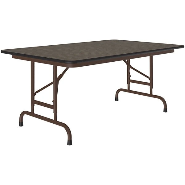 Correll 30" X 48" Walnut 22" - 32" Adjustable Height Thermal-Fused Laminate Top Folding Table With Brown Frame 1 Correll 30" X 48" Walnut 22" - 32" Adjustable Height Thermal-Fused Laminate Top Folding Table With Brown Frame