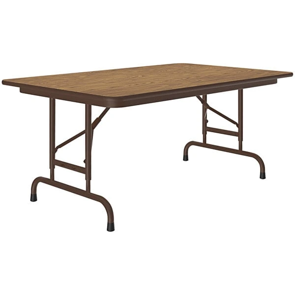 Correll 30" X 48" Oak 22" - 32" Adjustable Height Thermal-Fused Laminate Top Folding Table With Brown Frame 1 Correll 30" X 48" Oak 22" - 32" Adjustable Height Thermal-Fused Laminate Top Folding Table With Brown Frame