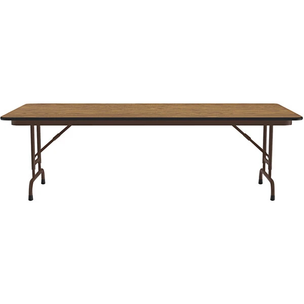 Correll 30" X 96" Oak 22" - 32" Adjustable Height Thermal-Fused Laminate Top Folding Table With Brown Frame 2 Correll 30" X 96" Oak 22" - 32" Adjustable Height Thermal-Fused Laminate Top Folding Table With Brown Frame - Image 2