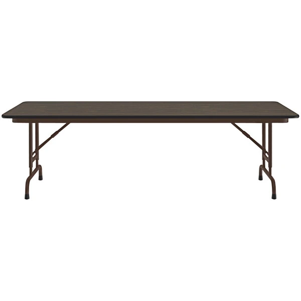 Correll 30" X 72" Walnut 22" - 32" Adjustable Height Thermal-Fused Laminate Top Folding Table With Brown Frame 2 Correll 30" X 72" Walnut 22" - 32" Adjustable Height Thermal-Fused Laminate Top Folding Table With Brown Frame - Image 2
