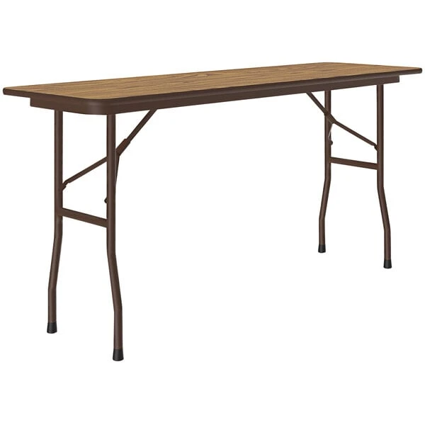 Correll 18" X 72" Medium Oak Thermal-Fused Laminate Top Folding Table With Brown Frame 1 Correll 18" X 72" Medium Oak Thermal-Fused Laminate Top Folding Table With Brown Frame