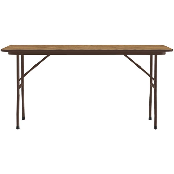 Correll 18" X 96" Medium Oak Thermal-Fused Laminate Top Folding Table With Brown Frame 2 Correll 18" X 96" Medium Oak Thermal-Fused Laminate Top Folding Table With Brown Frame - Image 2