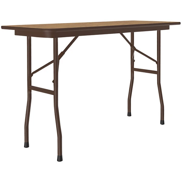 Correll 18" X 48" Medium Oak Thermal-Fused Laminate Top Folding Table With Brown Frame 1 Correll 18" X 48" Medium Oak Thermal-Fused Laminate Top Folding Table With Brown Frame