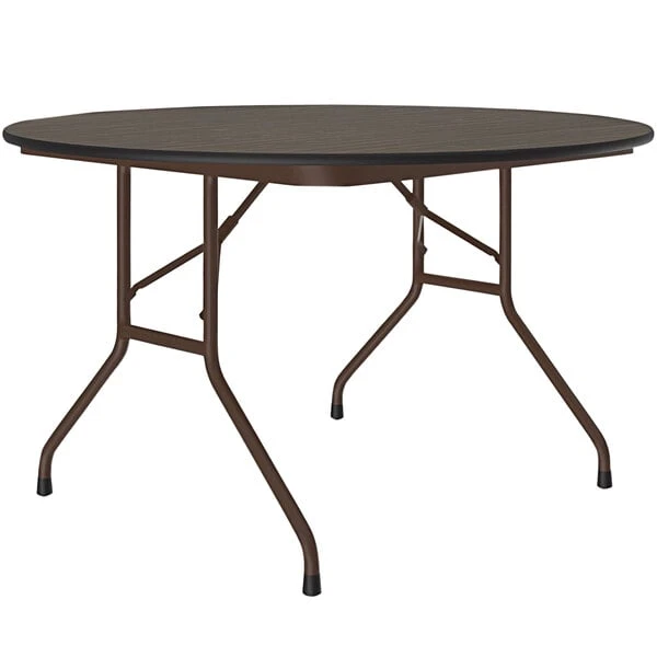 Correll 48" Round Walnut Thermal-Fused Laminate Top Folding Table With Brown Frame 1 Correll 48" Round Walnut Thermal-Fused Laminate Top Folding Table With Brown Frame