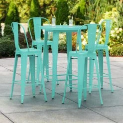 LT&S Alloy Series Lancaster Table & Seating Alloy Series 30" Round Seafoam Outdoor Bar Height Table With 4 Metal Cafe Bar Stools