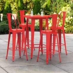 LT&S Alloy Series Lancaster Table & Seating Alloy Series 30" Round Red Outdoor Bar Height Table With 4 Metal Cafe Bar Stools