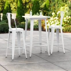 LT&S Alloy Series Lancaster Table & Seating Alloy Series 24" X 24" White Outdoor Bar Height Table With 2 Metal Cafe Bar Stools