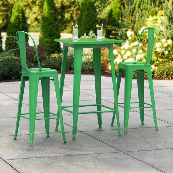 LT&S Alloy Series Lancaster Table & Seating Alloy Series 24" X 24" Green Outdoor Bar Height Table With 2 Metal Cafe Bar Stools 1 LT&S Alloy Series Lancaster Table & Seating Alloy Series 24" X 24" Green Outdoor Bar Height Table With 2 Metal Cafe Bar Stools