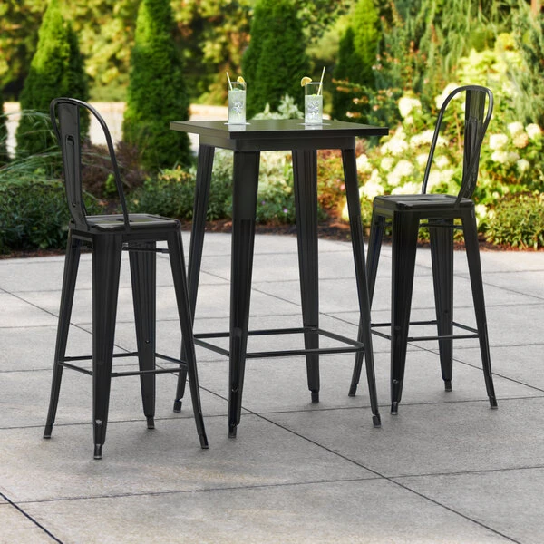 LT&S Alloy Series Lancaster Table & Seating Alloy Series 24" X 24" Black Outdoor Bar Height Table With 2 Metal Cafe Bar Stools 1 LT&S Alloy Series Lancaster Table & Seating Alloy Series 24" X 24" Black Outdoor Bar Height Table With 2 Metal Cafe Bar Stools
