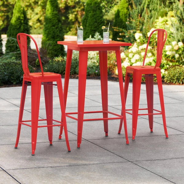 LT&S Alloy Series Lancaster Table & Seating Alloy Series 24" X 24" Red Outdoor Bar Height Table With 2 Metal Cafe Bar Stools 1 LT&S Alloy Series Lancaster Table & Seating Alloy Series 24" X 24" Red Outdoor Bar Height Table With 2 Metal Cafe Bar Stools