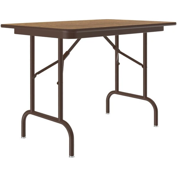 Correll 24" X 36" Medium Oak Thermal-Fused Laminate Top Folding Table With Brown Frame And Leveling Feet 1 Correll 24" X 36" Medium Oak Thermal-Fused Laminate Top Folding Table With Brown Frame And Leveling Feet