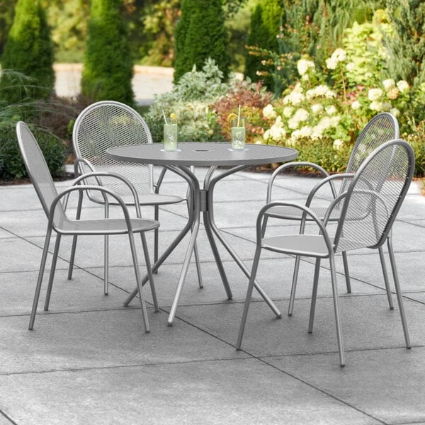 Lancaster Table & Seating Harbor Gray 36" Round Outdoor Standard Height Table With Modern Legs And 4 Arm Chairs 1 Lancaster Table & Seating Harbor Gray 36" Round Outdoor Standard Height Table With Modern Legs And 4 Arm Chairs