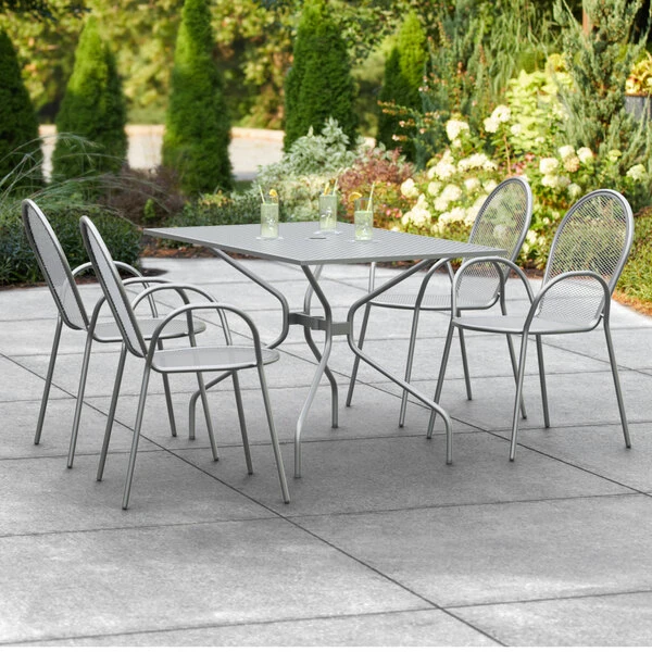 Lancaster Table & Seating Harbor Gray 30" X 48" Rectangular Outdoor Standard Height Table With Modern Legs And 4 Arm Chairs 1 Lancaster Table & Seating Harbor Gray 30" X 48" Rectangular Outdoor Standard Height Table With Modern Legs And 4 Arm Chairs
