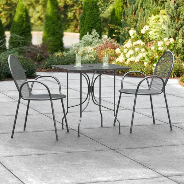 Lancaster Table & Seating Harbor Black 24" X 30" Rectangular Outdoor Standard Height Table With Ornate Legs And 2 Arm Chairs 1 Lancaster Table & Seating Harbor Black 24" X 30" Rectangular Outdoor Standard Height Table With Ornate Legs And 2 Arm Chairs