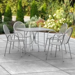 Lancaster Table & Seating Harbor Gray 36" Square Outdoor Standard Height Table With Ornate Legs And 4 Arm Chairs
